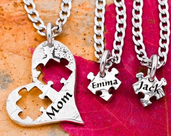 Mom Heart Puzzle Necklaces with Kids Names, 3 Custom Engraved Name Necklaces, Puzzle Piece Jewelry, Family Gift, Hand Cut Coin