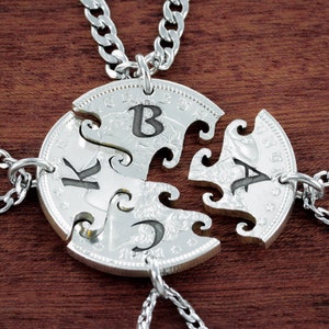 4 Best Friend Initial Necklaces, 4 BFF Gifts, Custom Friendship or Family, Interlocking Puzzle Set From a Real US Coin