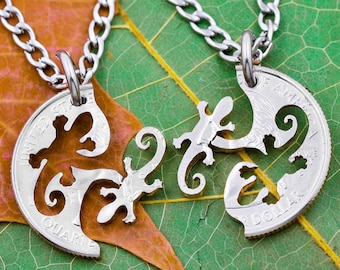 Salamander Necklaces for 2, Best Friends or Couples Gifts, BFF, Interlocking Animal Jewelry Set, Hand Cut Coin