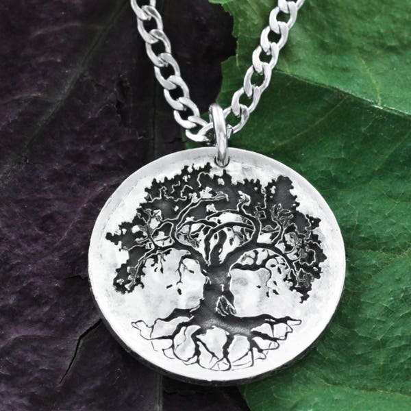 Silver Oak Tree Necklace, Tree Jewelry, Hammered and Engraved Silver Coin