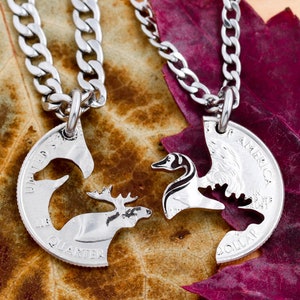 Duck and Moose Best Friends Necklaces, Mallard and Bull, Forest Animal Jewelry, Hand Cut Coin