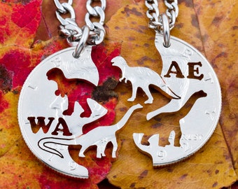 Dinosaurs with Initials, Best Friends Gifts, Custom BFF Necklaces, Tyrannosaurus Rex and Brontosaurus, Hand Cut on a Coin