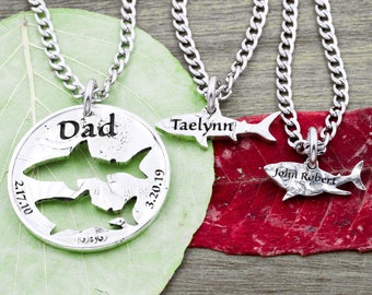 3 Piece Shark Necklaces, Engraved Names and Dates, Sharks Cut Out with Names, Father and Kids Family Fishing Jewelry, Hand Cut Coin