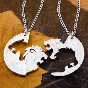 Lion and Lioness Necklace Set, Interlocking Couples Animal Jewelry, Hand Cut Coin