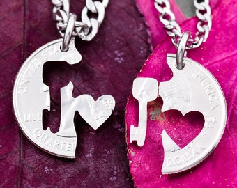 Key and Heart Couples Necklace, BFF Jewelry, Interlocking Love Quarter, Hand Cut Coin