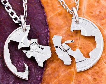 Personalized Long Distance Necklaces, Texas to California State to State Relationship Necklaces, Heart on Your Cities, Hand Cut Coin Jewelry