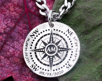 Silver Compass Necklace: Engraved Coin Pendant, Custom GPS Coordinates