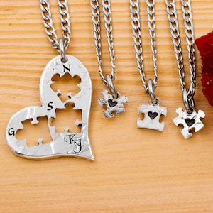 Heart Puzzle Pieces, 4 Family Necklaces, Family Initial Jewelry, Cursive Parent Initials, Engraved Little Hearts for Children, Hand Cut Coin