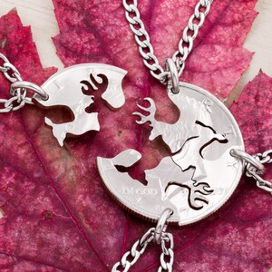 4 Piece Buck and Doe Necklaces, Alternating Deer&#39;s, Best Friends or Family Gift Necklaces, Interlocking Bucks and Does, Hand Cut Coin
