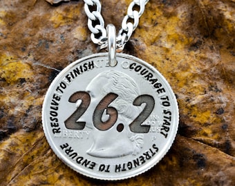 26.2 Marathon Necklace, Engraved Quarter, Running Gift, Athlete, Track and Field, Strength, Endurance, Courage