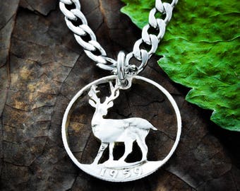 Buck Necklace, Deer Hunting Gift, Guy Gift, Boyfriend Gift, Hand Cut Coin