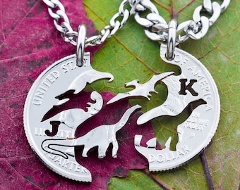 Pterodactyl and Brontosaurs Best Friends Dinosaurs Necklaces, Custom Cut Initials, Siblings Dinosaur Family, Hand Cut Coin