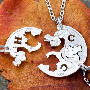 3 Piece Squirrel Necklaces with Initials, Family Jewelry, Short Attention Span Friends Gifts, Hand Cut Coin