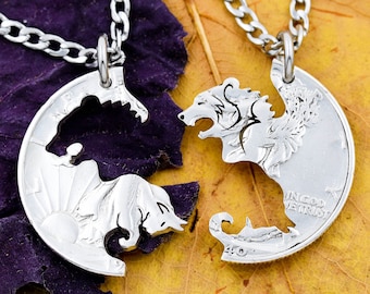 Bear and Bull Necklace Set, BFF and Couples Necklaces Interlocking Animal Jewelry, Hand Cut Coin