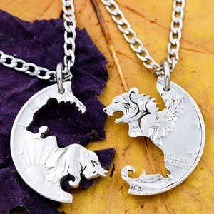 Bear and Bull Necklace Set, BFF and Couples Necklaces Interlocking Animal Jewelry, Hand Cut Coin