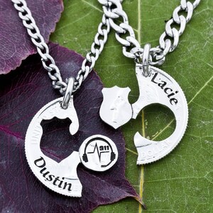 Police Badge and 911 Dispatcher Necklaces, Custom Names Either Side, Law Enforcement Gift, Couples Protect and Serve Jewelry, Hand Cut Coin