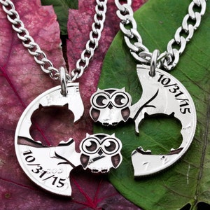 Bespoke Owl Necklaces Sitting on a Tree Branch, Custom Engraved Dates, Best Friends or Couples Jewelry, Hand Cut Coin