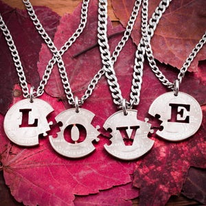 4 Best Friend Puzzle Piece Necklaces, LOVE Custom Initials, Long Distance Friendship Gift, Coins Cut To Fit Together, 4 BFF, Family Jewelry