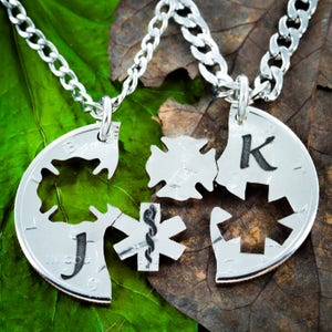 Firefighter and Medical Couples Necklaces, Custom Initials Engraved, Firemen, Doctors and Nurses, Cut Coin