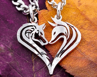Wolf and Fox Couples Necklaces, Animals Make Heart When Together, Interlocking Hand Cut Coin