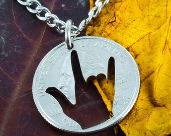 ASL I Love You Necklace, Deaf Jewelry, Hand Cut Coin