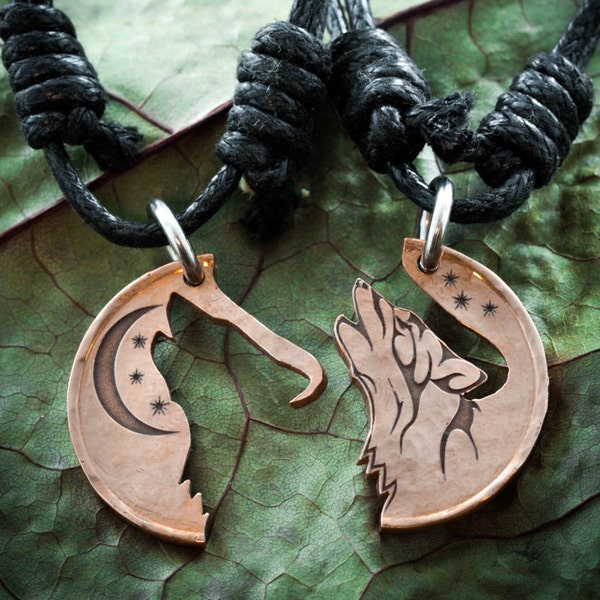 Copper Wolf Necklaces, Howling Tribal Wolves with Moon, Interlocking Jewelry, Best Friends Jewelry, Coin That Has Been Cut and Etched