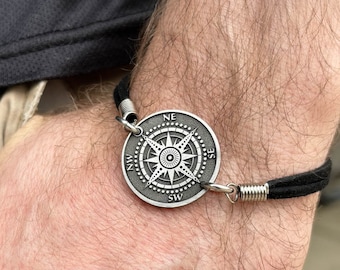 Titanium Compass Bracelet, Engraved Nautical Jewelry, Gifts for Him Guys