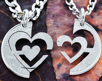 I Carry Your Heart Necklaces, Couples Jewelry, Interlocking Quarter Set, Hand Cut Coin