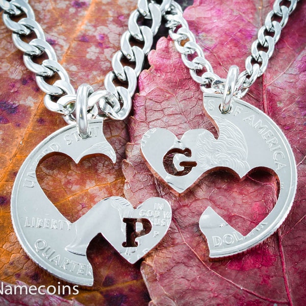 Custom Initial Heart Necklaces for 2, Couples Gifts, I Carry Your Heart Jewelry, Interlocking Relationship Set, Hand Cut Coin