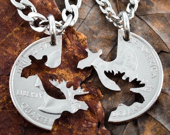 Moose Couples Necklaces, His and Her Matching Jewelry, Hand Cut Coin