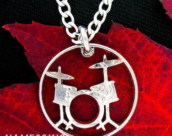 Drum Set Necklace, Rockers Jewelry, Drummer Gift, Band, Hand Cut Coin