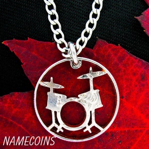 Drum Set Necklace, Rockers Jewelry, Drummer Gift, Band, Hand Cut Coin