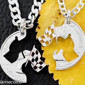 Racing Flag Halsketten für Paare oder beste Freunde, ineinandergreifende Hand Cut Quarter