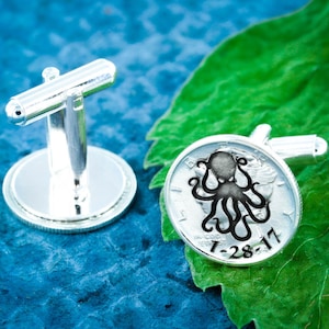 Silver Octupus Cufflinks, Groom Gift, with Custom Wedding Date Engraved Cuff Links, Made from Silver Mercury Dimes