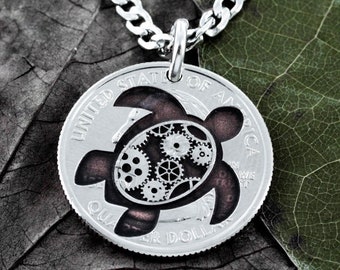 Steampunk Schildkröte Halskette, Meeresschildkröte und Zahnräder auf einer Münze eingraviert