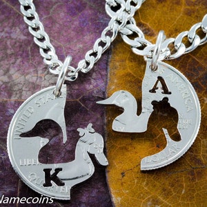 Duck Necklaces, with Custom Initials, Mother and Child Jewelry, BFF Gifts, Hand Cut Coin
