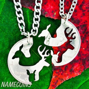 Family Deer Necklace Set, Buck Doe and Fawn Interlocking Set Hand Cut on a Real Coin image 1