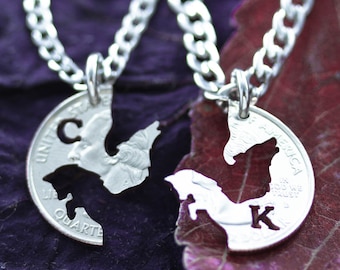 Wolf and Fox Couples Jewelry, BFF Initials Gifts, Best Friends Forever Necklaces, Interlocking Monogram Puzzle Set, Made from Hand Cut Coin