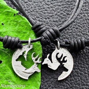 Buck and Doe Necklace, Buckmark, on Black Cords, Interlocking Hand Cut Coin