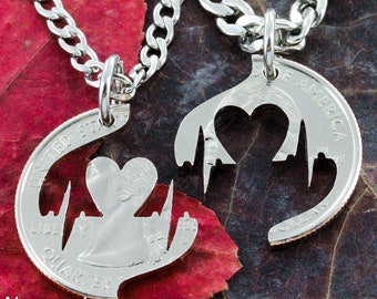 Heartbeat Couples Necklaces, Pulse Jewelry, Heart Necklace, Love, Boyfriend and Girlfriend Gift, Hand Cut Coin