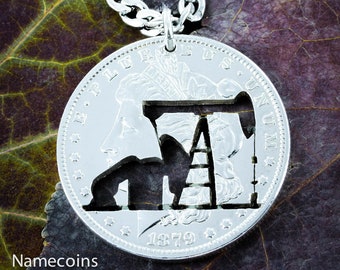 Pump Jack Necklace, Oil Rig Necklace or Keychain, Hand Cut Coin