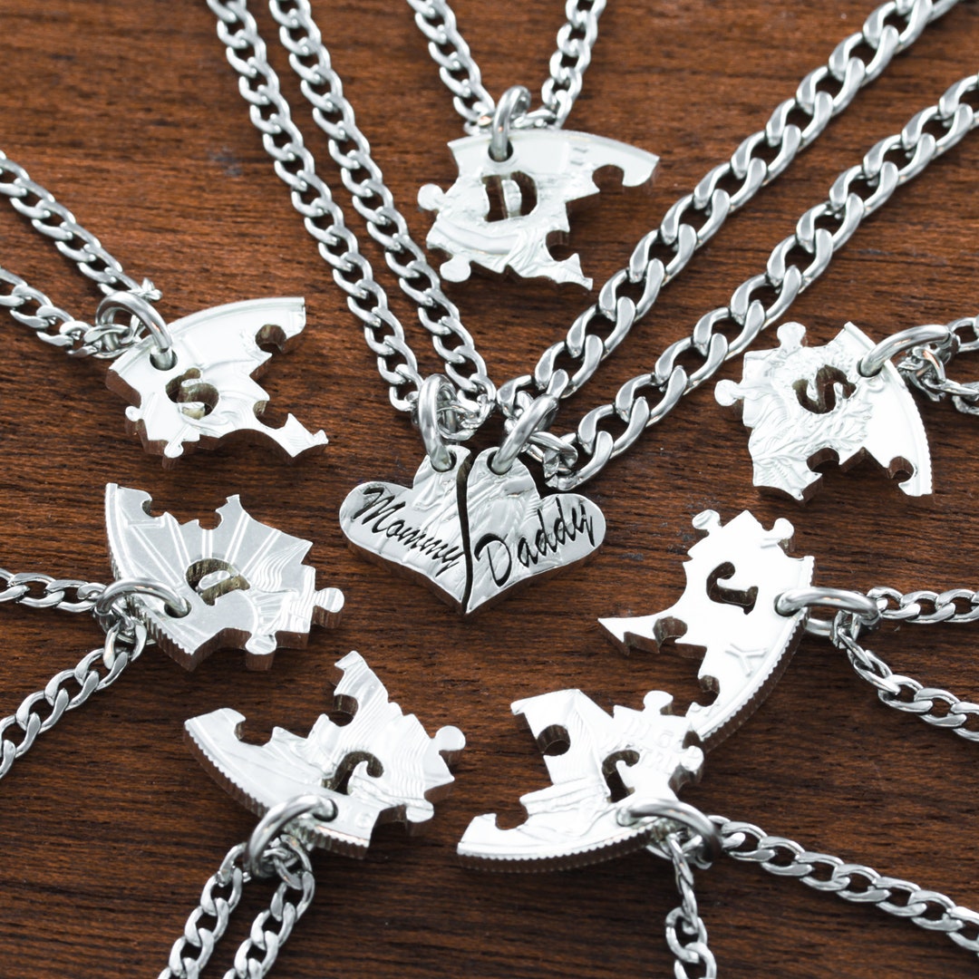 Family Necklaces Fitting Together Set of 9, Puzzle Pieces, Mom and Dad