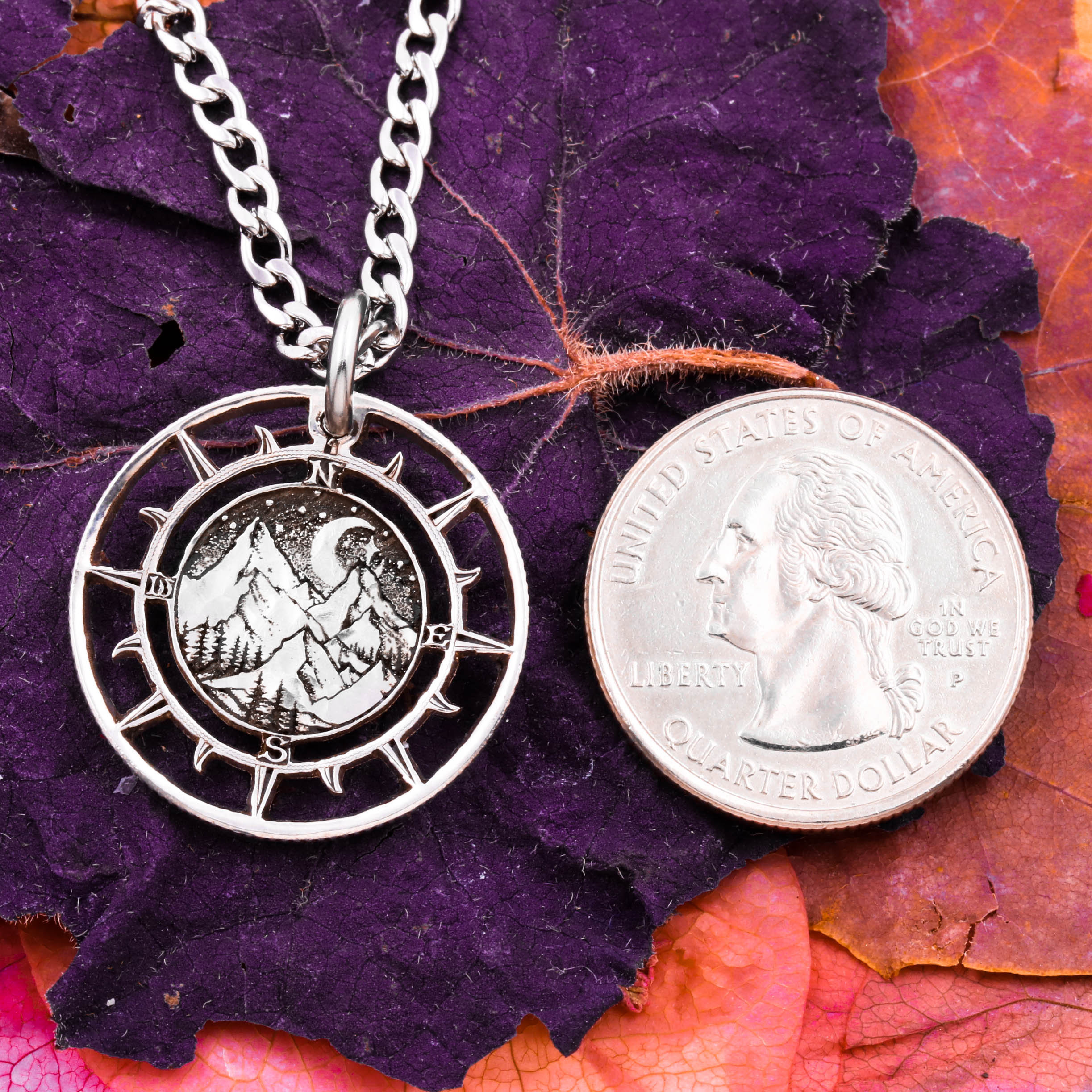 Hiking the Mountain online Necklace, Compass, Outdoor Trails, Nature and Wildlife Jewelry, Engraved Coin