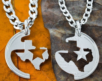 Texas Couples or Best Friends Necklaces, Lone Star State, His and Her Jewelry, BFF Gifts, Hand Cut out of a Real State Quarter