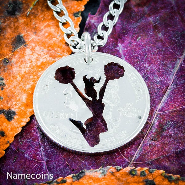 Cheerleader Charm Necklace, Cheer Leading Quarter Jewelry, Sports Gifts for Teen Girls, Hand Cut Coin