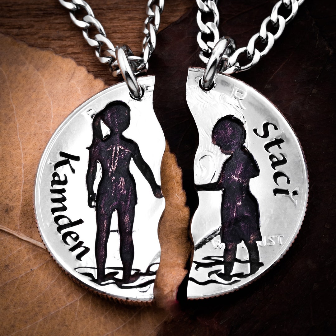 Hand Cut Coin Sibling Necklaces: Personalized Brother Sister