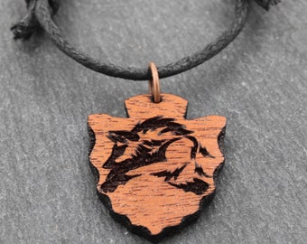 Wooden Wolf Arrowhead Necklace, Wood Jewelry, Hunting, Nature and Outdoors, Engraved from Bloodwood