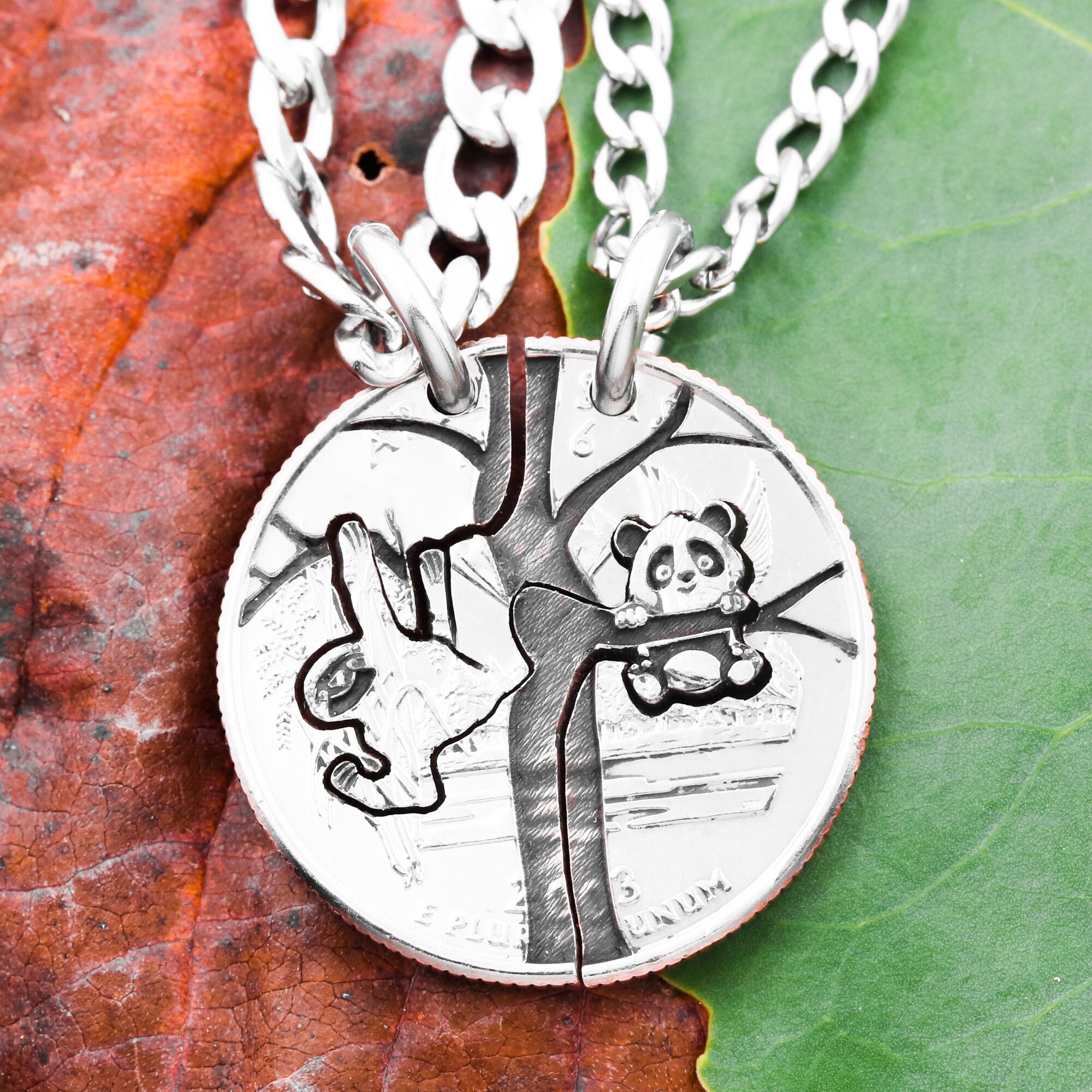 Panda and Sloth Friendship Necklaces Interlocking Engraved