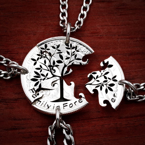 Family Tree Pendants 4 Piece Friends and Family Necklace Forever and Always Hand Cut Coin Etsy