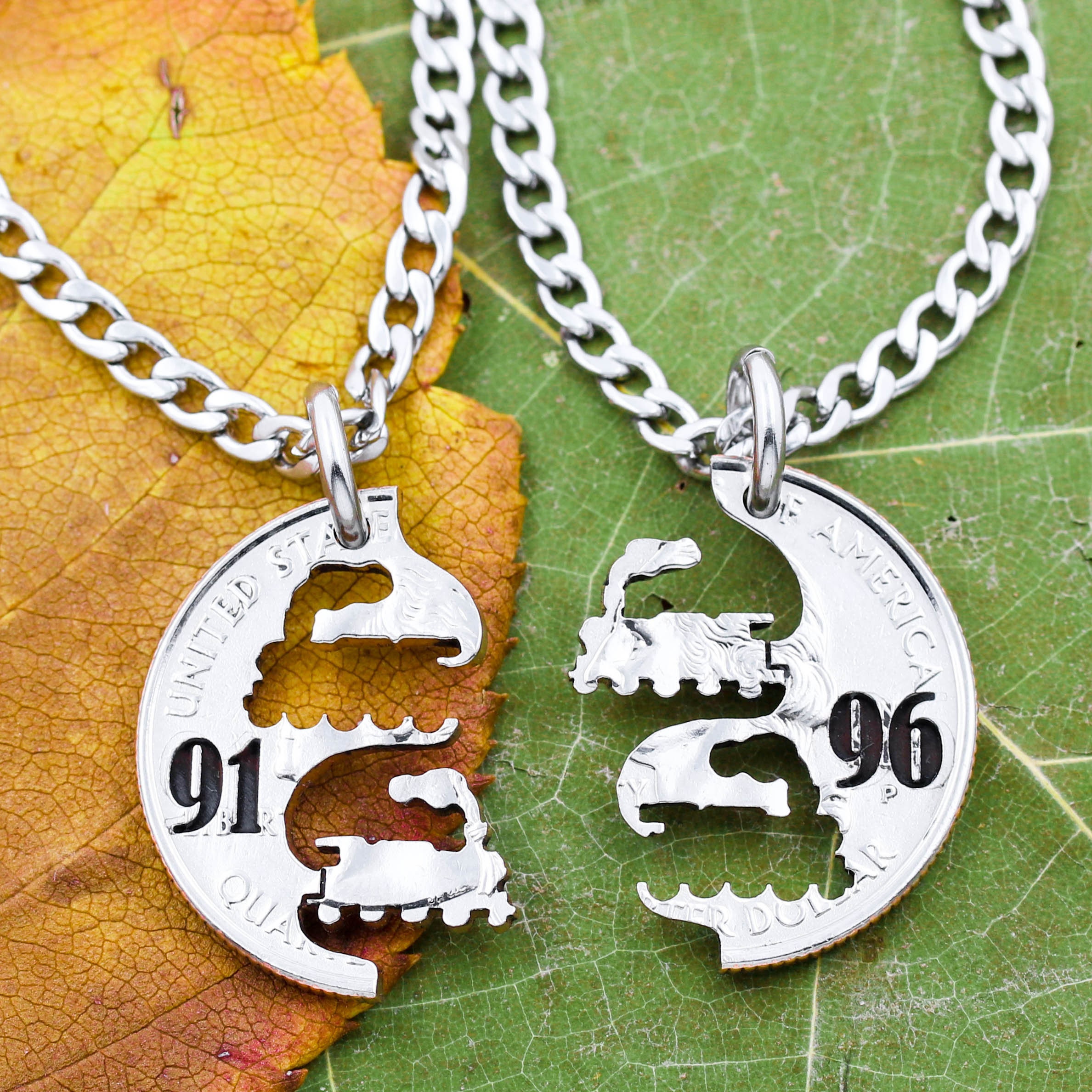Steam Engine Trains with Custom Engraved Numbers, Interlocking Train Necklace, BFF Gifts, Kids Jewelry, Hand Cut Coin